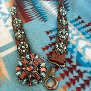 Western Boho Leather Belt Turquoise-Tone Conchos Cross Medallion Festival Boho